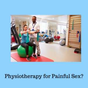 Image of a person sitting on a green medicine ball while a physiotherapist guides them through an exercise on the ball. The background is a pale blue and the text reads: "Pelvic Floor Physiotherapy for Painful Sex" in black at the bottom.