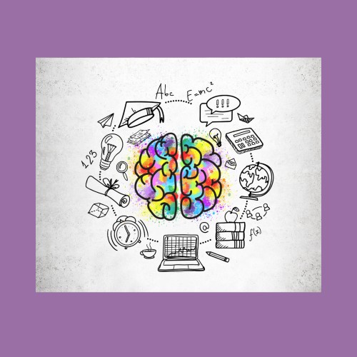 Image of a multicolored brain sketch, surrounded by different objects like pens, pencils, erasers, notebooks, etc. representing learning and education. The background is a pale purple.