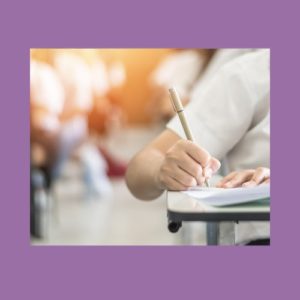 Image of a person writing down in a notebook, representing the concept of education and learning. The background is a pale purplee.