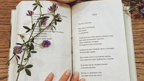 Image of a poetry book with a bunch of flowers on top representing the poetry T wrote to help process her grief.