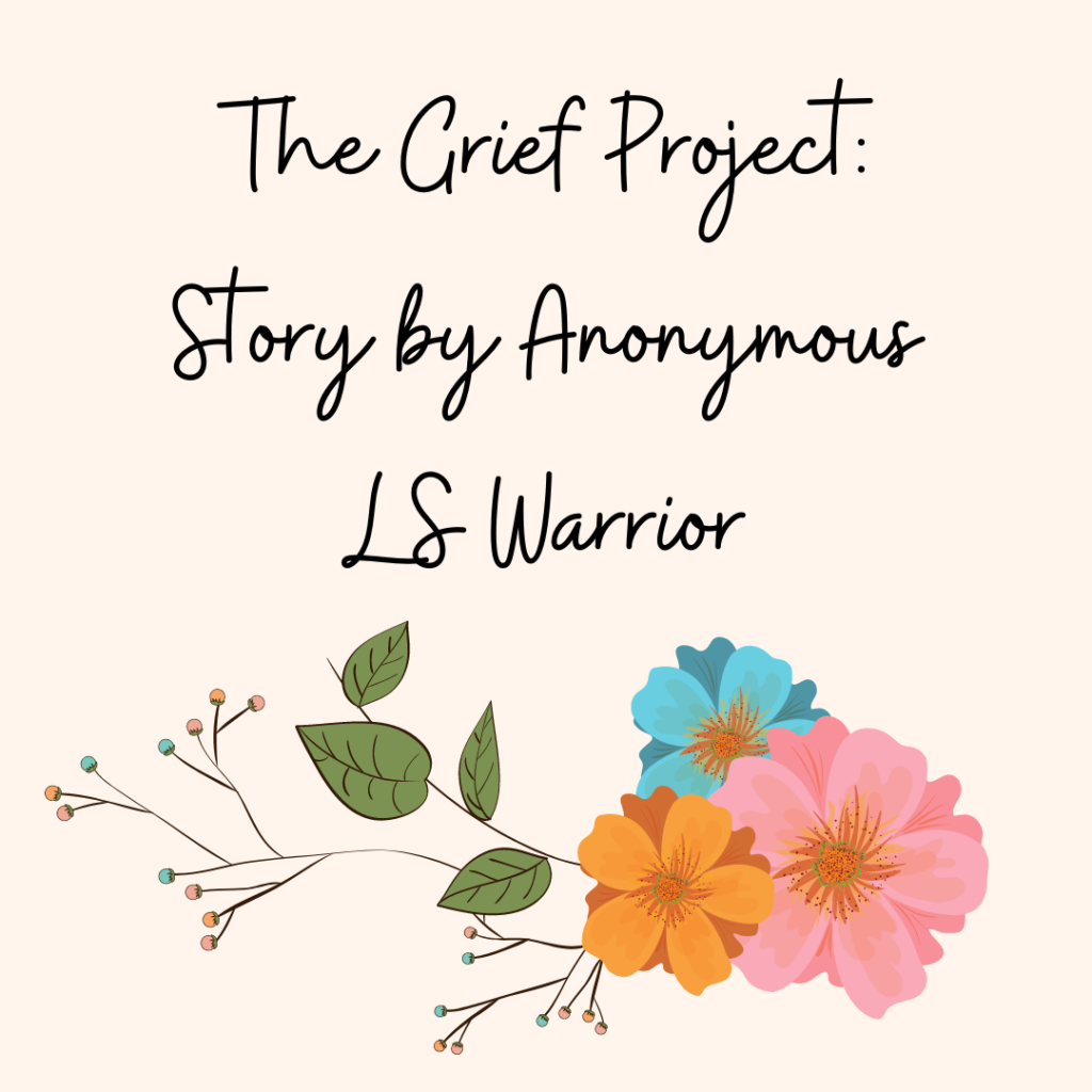 Image of blue, pink, yellow flowers with green leaves at the bottom of the image. The title text reads, "The Grief Project: T's Story" in black cursive font above the flowers.