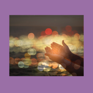 Image of hands holding a bunch of mulitcolored lights against a purple background.