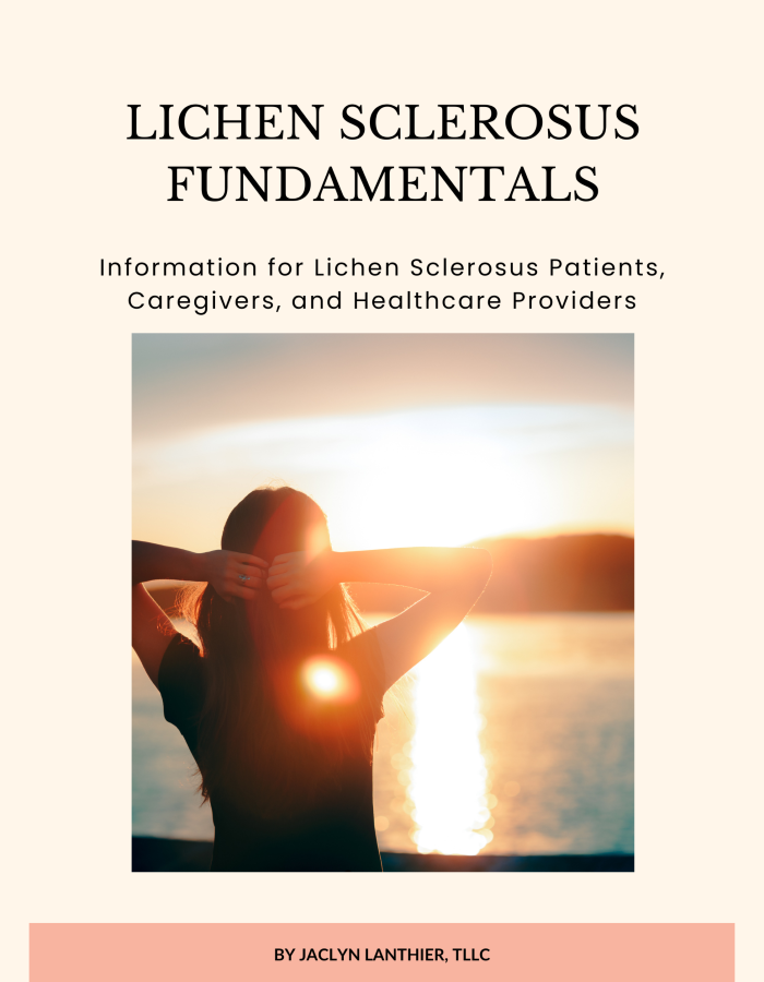 Image in the center of a person's silhouette, standing in front of an ocean with a beautiful sunrise representing the concept of hope. The title text reads: "Lichen Sclerosus Fundamentals: Information for Newly Diagnosed Folks, LS Patients, Caretakers, and Healthcare Providers" by Jaclyn Lanthier, TLLC.