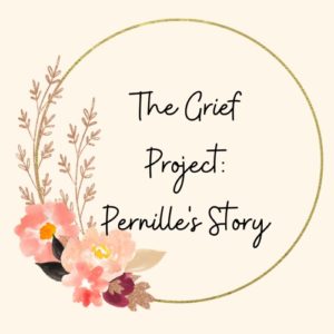 A gold and pink wreath of flowers forms a circle in the middle of an image with a cream-colored background. In the middle of the wreath, italic black text reads "The Grief Project: Pernille's Story".