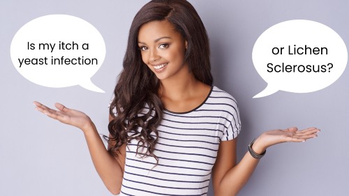 Image of a person with brown skin and long brown hair smiling, wearing a striped grey and white t-shirt. They are holding their hands up as if to signify which is which? There is a chat bubble over each hand, the left reads: “Is my itch a yeast infection" and the right reads "or lichen sclerosus?”