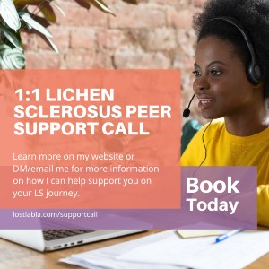 Image of a person with dark brown skin and short, dark brown hair wearing a yellow long sleeve shirt with a headset on at their computer. There is an opaque orange box with text that reads "1:1 Lichen Sclerosus Peer Support Call " in bold and "For more details go to my website or email/DM me".